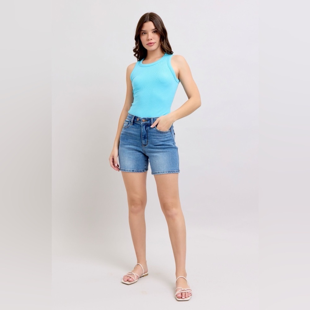 Judy Blue 2 Button Denim Shorts with Pockets Plus Size Classic Blue Denim Shorts - Picture 2 of 15
